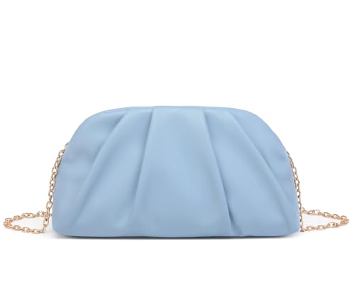 Dreubea Womens Fashion Cloud Shape Evening Bag Charming Fold Leather Clutch Handbag with Chain Light Blue