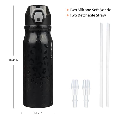 Image of BJPKPK 25 oz Insulated Water Bottle, Straw, Handle, Stainless Steel Flask | Leak Proof Locking Lid, Thermal, Double Wall Vacuum, Keeps Hot /Cold, BPA Free, Travel & Sports, Black Leopard