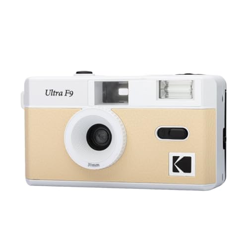 KODAK Ultra F9 - Appareil Photo Argentique Réutilisable 35mm, Objectif Fixe 31mm F/9, Flash Intégré, Chargement Facile, Rembobinage Manuel, Idéal en Intérieur - Beige