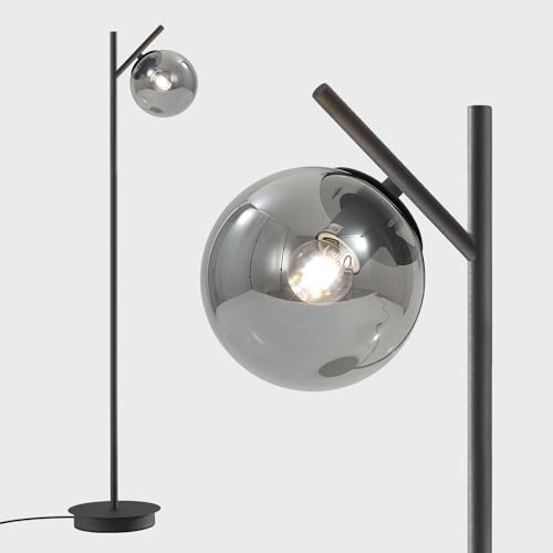 Image of Mid Century Floor Lamp for Living Room Moderm Tall Standing Lamp with Frosted Glass Globe Shades Contemporary Brass Freestanding Lamp for Office Bedroom (Black-Smoky Gray)