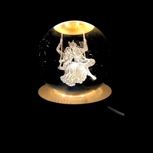 Image of 3D Radha Krishna Crystal Ball Night Lamp with Wooden Base, LED USB Decorative Light (Radha Krishan jula)