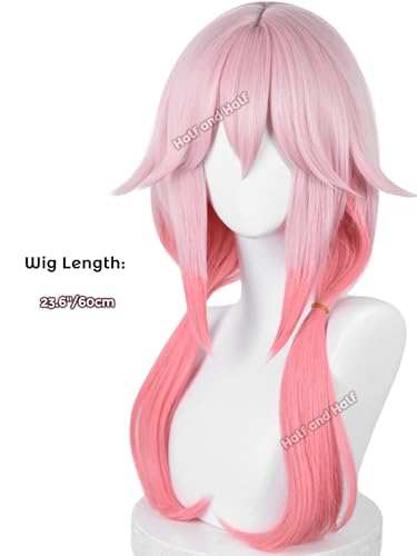 Image of Half and Half Gradient Pink Anime Ponytail Wig with Bangs for Yuzuriha Inori Cosplay Light Pink Twin Tails Wigs Pigtail Hair Wig for Women Halloween Party Daily Costumes