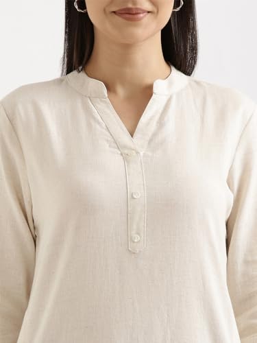 Image of SAADAA Women's Linen Straight Fit Straight Long Kurta Airy Plain Kurta, 3 /4 Sleeve, Knee Length Kurtis with Pockets, Casual and Office Wear