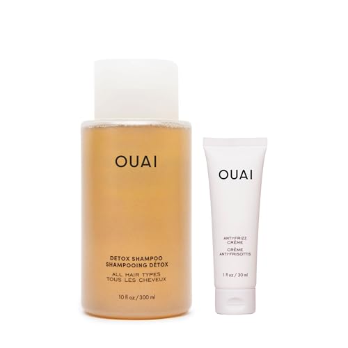 Image of OUAI Detox Shampoo Full Size & Anti-Frizz Creme Deluxe - Clarifying Cleanser & Styling Cream, Apple Cider Vinegar, Keratin, Jackfruit & Beetroot - Frizz Control, Heat Protection, 10 oz + 1 oz, 2 Count