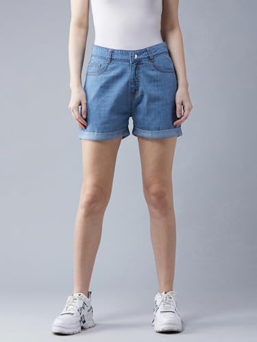 Image of Dolce Crudo Women's Relaxed Fit Mid-Rise Denim Shorts with Adjustable Waist & Frayed Hem
