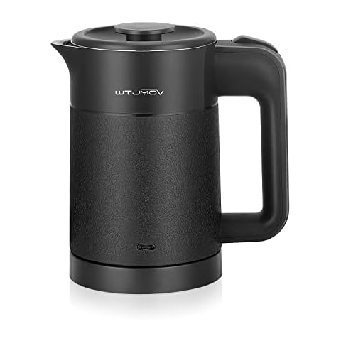 WTJMOV 0.6L Small Electric Tea Kettle Lightweight, 20 Ounce Double Wall Hot Water Boiler Stainless Steel Auto Shut-off, 120V Portable Travel Electric Kettle Fast Boil for Tea and Coffee, Black Cover