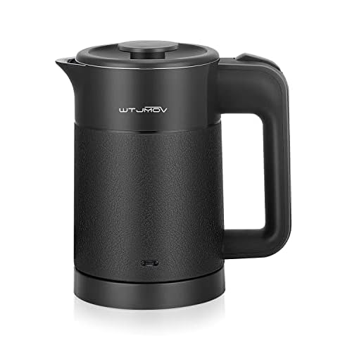 WTJMOV 0.6L Small Electric Tea Kettle Lightweight, 20 Ounce Double Wall Hot Water Boiler Stainless Steel Auto Shut-off, 120V Portable Travel Electric Kettle Fast Boil for Tea and Coffee, Black