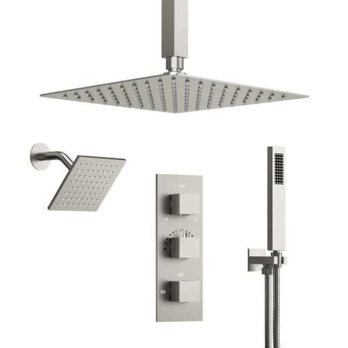 Sistema de ducha de lluvia doble para montaje en techo 12" con rociador manual, set de baño con válvula (Níquel cepillado) miniatura 1