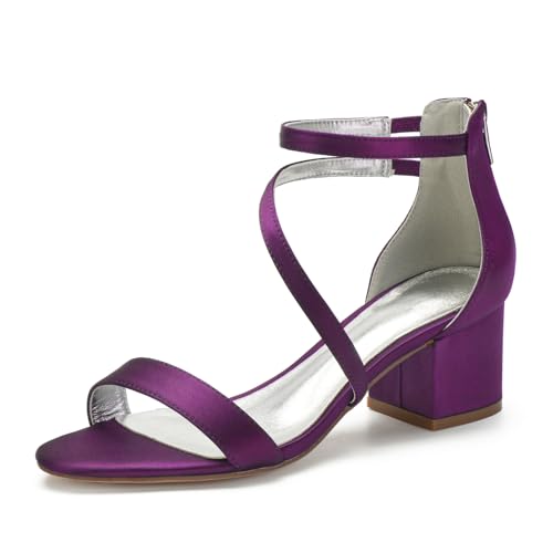Women's Satin Block Heels Wedding Sandals Ankle Strap Comfortable Bridal Shoes Formal Evening Prom Party Shoes Plum 7