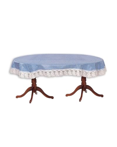 CRAFT CITY PVC Waterproof 4-6 Seater Oval Dining Table Cover with White Border lace (Multicolour, 54x78 inches,Plastic, Pack of 1) (Blue Check)