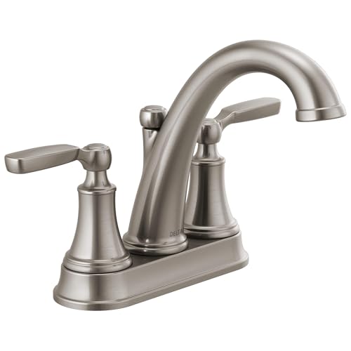 Delta Woodhurst Centerset Brushed Nickel Bathroom Faucet 4 Inch 3 Hole Bathroom Sink Faucet for Vanity Metal Push-Pop Drain Assembly Stainless 2532LF-SSMPU
