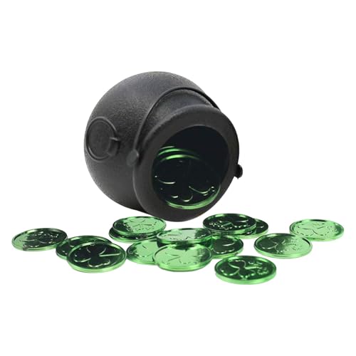 Olla De Caldero Negro - Soporte Para Dulces Del Día De San Patricio | Caldero De Caramelo Negro, Maceta Festiva Con 50 Monedas De Trébol De La Suerte, Caldero De Brujas De Cubo De Caramelo, Decoración