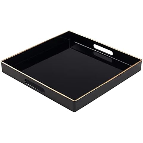 Decorative Tray, Black Serving Tray with Handles, Coffee Table Tray, Square Plastic Tray for Ottoman, Bathroom, Kitchen, 13"x13"x1.57" Cover