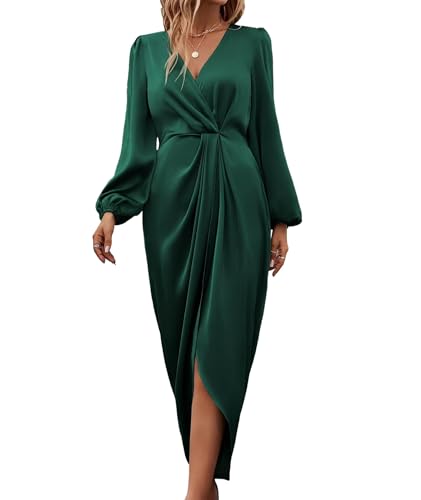 BDSCZW Women's Wrap V-Neck Long Sleeve Satin Maxi Dresses Split Hem Cocktail Dress Prom Dresses Party Dress, Green, L