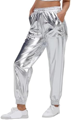 Damen Metallic Jogger – Glänzend, Mit Kordelzug, Wetlook-Lackleder, Holografisch – Für Disco, Party & Hip-Hop (Silber)
