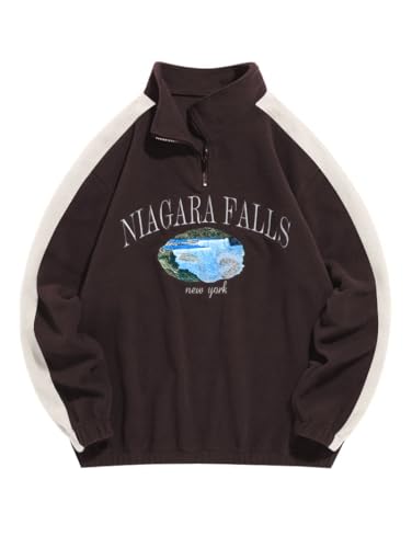 ZAFUL Mens Graphic Fleece Sweatshirts Quarter Zip Pullover Sweatshirt Letter Embroidered Oversized Vintage Hoodie Top