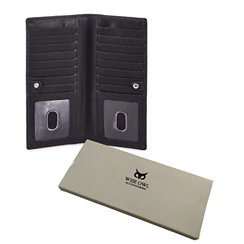 Image of Long Wallet for Men Women Real Leather Bifold RFID Stylish Slim Handmade 2 ID Window Credit Card Holder in Gift Box (Black, Crazy Horse)