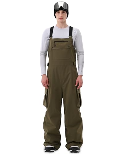 HIGH EXPERIENCE Men Ski Bib 3L Snowboard Baggy Pants Snow Overalls Waterproof Windproof Insulate Warm Winter (Army Green Large)