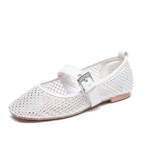 Lryweisy Women Mesh Ballet Flats Rhinestone Block Heel Walking Flats Shoes Round Toe Buckle Strap Mary Jane Flats