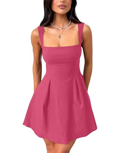 Image of YMDUCH Women's Sexy Sleeveless Square Neck Adjustable Straps Bow Tie A-line Mini Party Club Dress