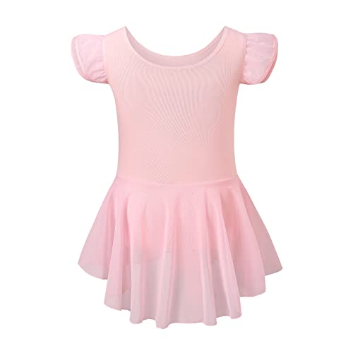 Foto von Mecceos Mädchen Ballettkleidung Rückenfrei Ballettkleid Kinder Kurzarm Baumwolle Balletttrikot Ballettanzug Tanzkleid Tanzbody mit Rock Tütü （Hellrosa, Small）