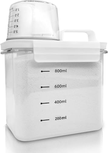 Cnwinu Laundry Detergent Storage Organiser with Measuring Cup, Dosing Aid for Laundry Detergent, Airtight Detergent Container,Washing Powder Storage,Soap Liquid,Fabric Softener,Laundry Beads (1100mL)