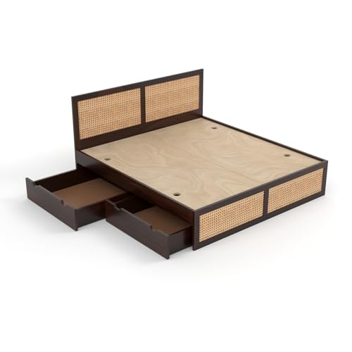 Image of Sheesham Wood Cane Bed with Drawer Storage for Bedroom | King Size Wooden Double Bed Palang with Rattan Headboard & Footboard (Walnut Finish)