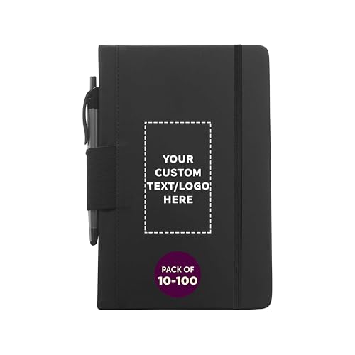 DISCOUNT PROMOS Custom Executive Notebooks with Pen Pack of 10/50/100 Personalized Text, Logo - 6 x 8.5 inches, Recycled, Pen Loop, Closure Strap - Black