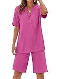ANRABESS Women 2 Piece Linen Lounge Sets Summer Casual Henley Shirts Short Pajama Set Beach Vacation Clothes Airport Outfits Hot Pink Medium