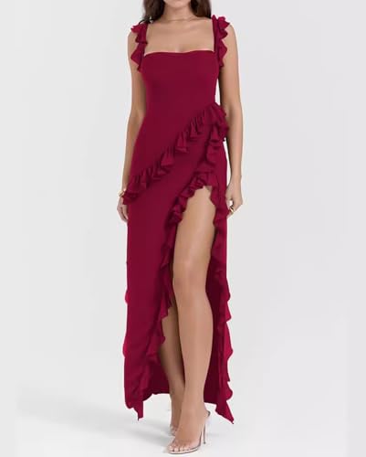 Image of houstil Women's Casual Summer Dress Strap Ruffle Beach Party Maxi Cocktail Evening Holiday Wedding Guest Dresses