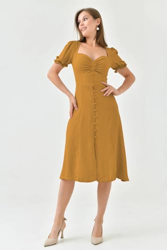 Image of Shasmi Girl's & Women's Solid Midi Dress - Elegant Square Neck Button-Down Dress with Puff Short Sleeves | Stylish Casual & Party & Office Wear Outfit (Dress 105)