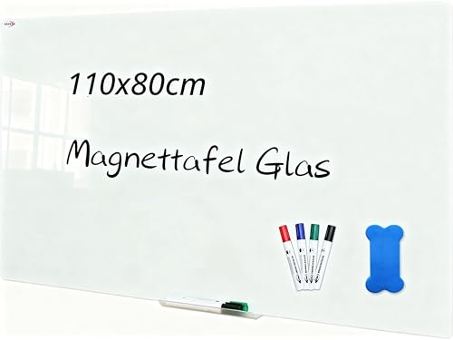XIWODE Magnettafel Glas 80x110 Weiß - Hochwertiges Rahmenloses Whiteboard, Abwischbare Glas-Pinnwand Große mit Zubehör (4 Marker, 2 Magnete, Schwamm) für Büro & Zuhause