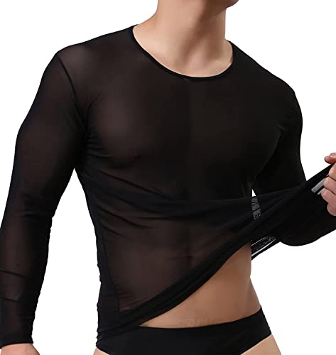 Mendove Men's Sexy Mesh See Through Long Sleeve Top Undershirt Nightwear Size XX-Large Black