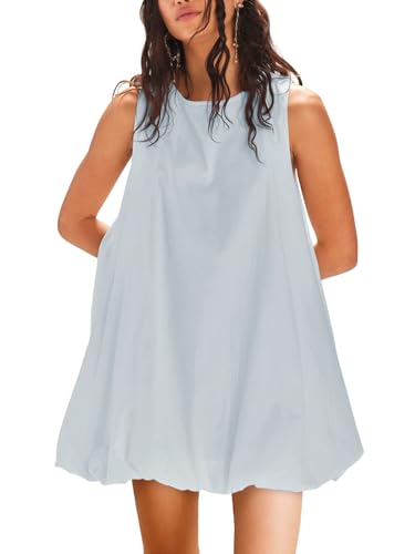 Image of COCOMARTS Dress for Women Summer Casual Linen Mini Dresses Sleeveless Crew Neck Bubble Keyhole Tie Back Vacation Sundress
