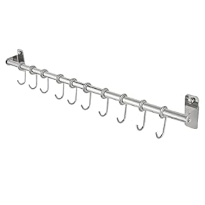 QOXEZY Keukenrekken, keukengereihouder met 10 haken, keukengereihouder, opscheplepelhouder met patentlijm, aluminium, matte afwerking