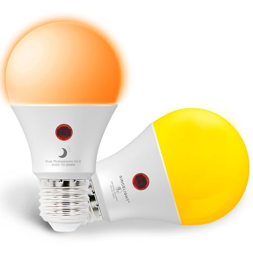 SINCELIGHT - Bombillas LED con sensor crepuscular (Encender y apagar automático) • Repelente de Mosquitos (1600K/580nm) • 9 Vatios • Casquillo E27 • Paquete de 2 Bombillas