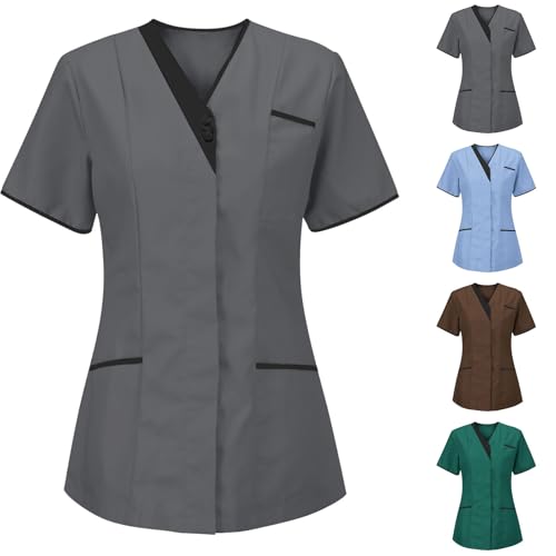Women's V-Neck Scrub Top with Snap Front, 3 Pocket 2-Way Stretch V Neck Short Sleeve Work Clothes Nurse Uniforms C-Gray