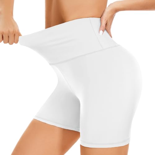 BLONGW Cycling Shorts Women- High Waisted Biker Shorts Tummy Control White Yoga Gym Workout Athletic Running Sports Short Leggings UK Gift for WomenWhite L-XL