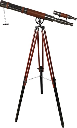Telescopio nautico fatto a mano in ottone doppio barile vintage nero lucido finitura cromata regolabile pelle marrone avvolgente sul pavimento telescopio treppiede in legno Be Strong Courageousn