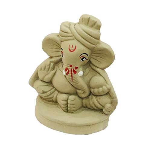 Image of Eco Friendly Handcrafted Clay /Mud Ganpati Murti Biodegradable Kacchi Mitti Ganesha Water Soluble Ganesh Idol for Ganpati Visarjan (H:4 Inch Small)