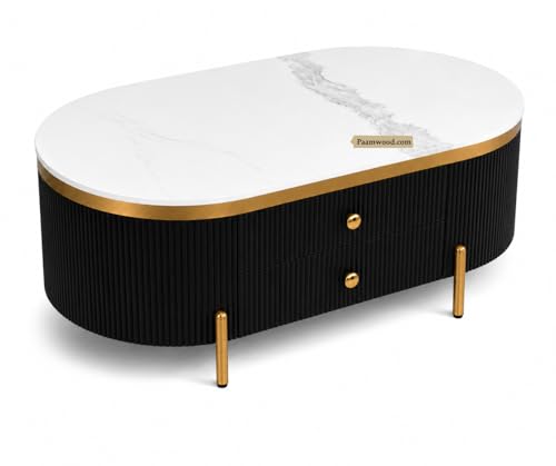 Image of Tesla Centre Table, 42x24x18 Inch, Nano Composite White Marble Top, Gold Accents, 2-Drawer Storage, Oval Design, Waterproof Plywood, PVD Legs, Modern Coffee Table for Living /Entryway