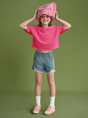 Image of Girls Athletic Oversized Crop Tops Kids Drop Shoulder Short Sleeve T Shirts Workout Tees 5-14 Years