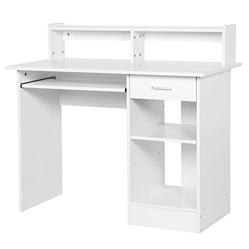 Yaheetech Bureau Informatique Table pour Étude Ordinateur avec Étagère Réglable Tiroirs Tablette Clavier Coulissant Blanc