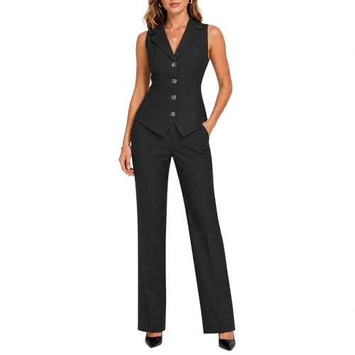 Lamgool Women 2 Piece Outfits Vest Top and Straight Leg Pants Suit Sleeveless Blazer Set Business Casual (Black Medium)