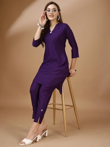 Womanista Blend Women's Purple Colour Chanderi Silk Fabric Tunic And Trouser Coord Set Ankle Length (Co-Ords_9029 2Xl)