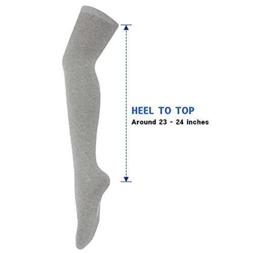 Image of Tom & Mary Women's Thigh High Socks, Combed Cotton (85%), Non-Slip, Soft, Stripe & Solid Colors, Over Knee Extra Long Socks (Grey) (3 Pairs)