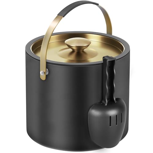 3.2L Eiswürfelbehälter mit Deckel und Schaufel, Edelstahl Eiskübel Doppelwandiger Isolierter Eisbehälter für Cocktailbar und Partys (Schwarz)