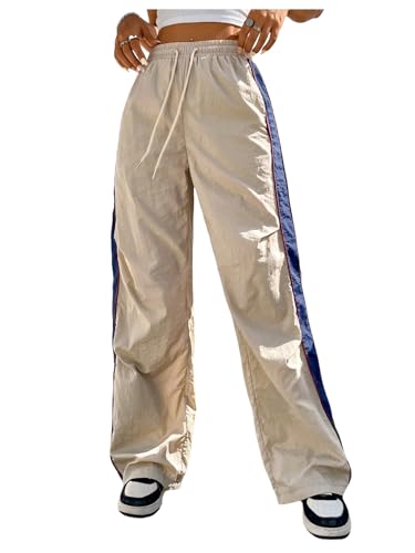 Verdusa Women's Color Block Baggy Pants Drawstring Waist Wide Leg Loose Trousers with Pockets