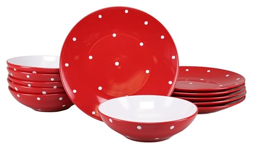 CreaTable, 24593, Serie Polka Dots Rot-Weiss, 12-teiliges Geschirrset...