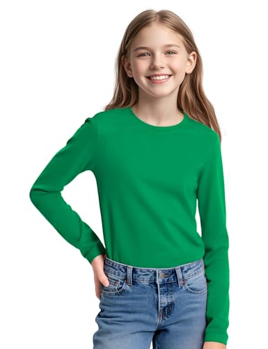 Image of KEREDA Girls Long Sleeve Shirts Soft Cotton T-Shirts Crewneck Basic Tees for Kids and Teen Girls Tops Clothes